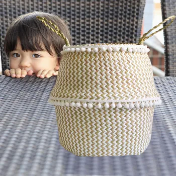 

Handmade Seaweed Storage Basket White Colour Checked Folding Toy Holder Multifunctional Flower Pot for Household Cloth