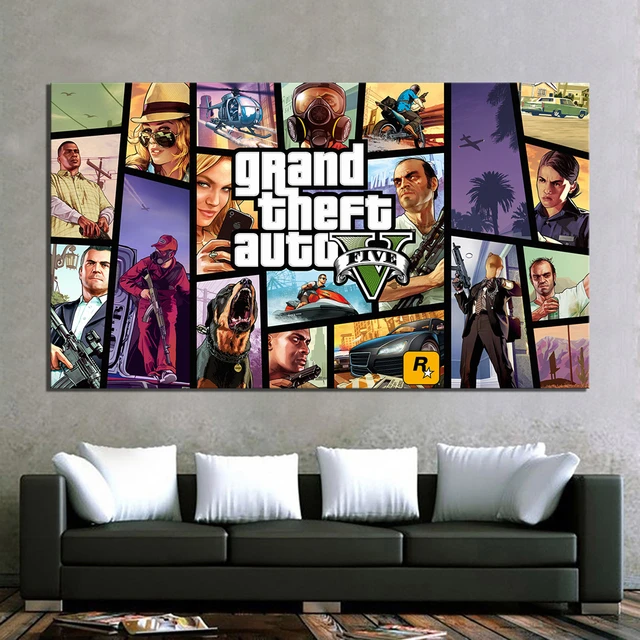 Jogo cartaz grand theft auto v gta 5 lona impressão da arte pintura parede  fotos para o quarto decoração casa arte da parede - AliExpress