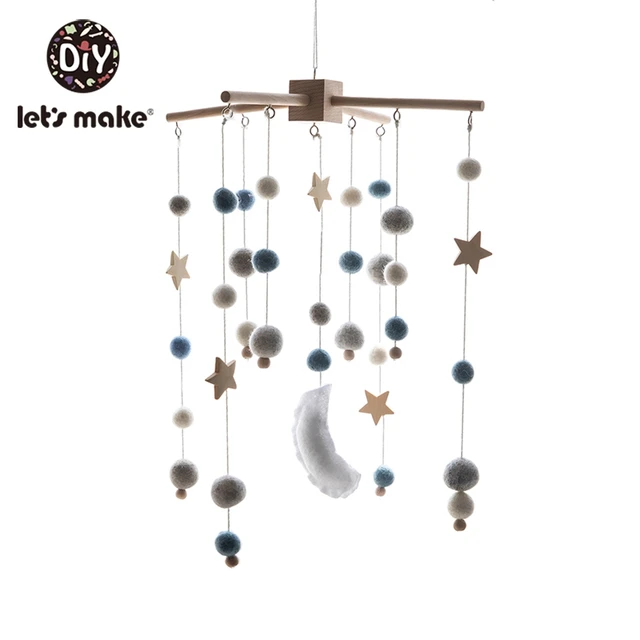 Let'S Make Wood Baby Bed Toys Gift Crib Mobile Infant Room Stroller Music Baby Felt Wool Ball Rattles Wooden Teether Toys Blue Star