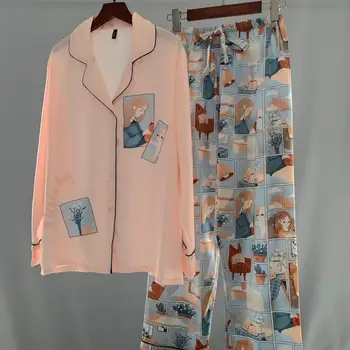 

Autumn Print Women Pajamas Set 2PCS Sleepwear Casual Soft Nightwear Sleep Set Silky Satin Home Clothes Pijamas Suit Shirt&pant
