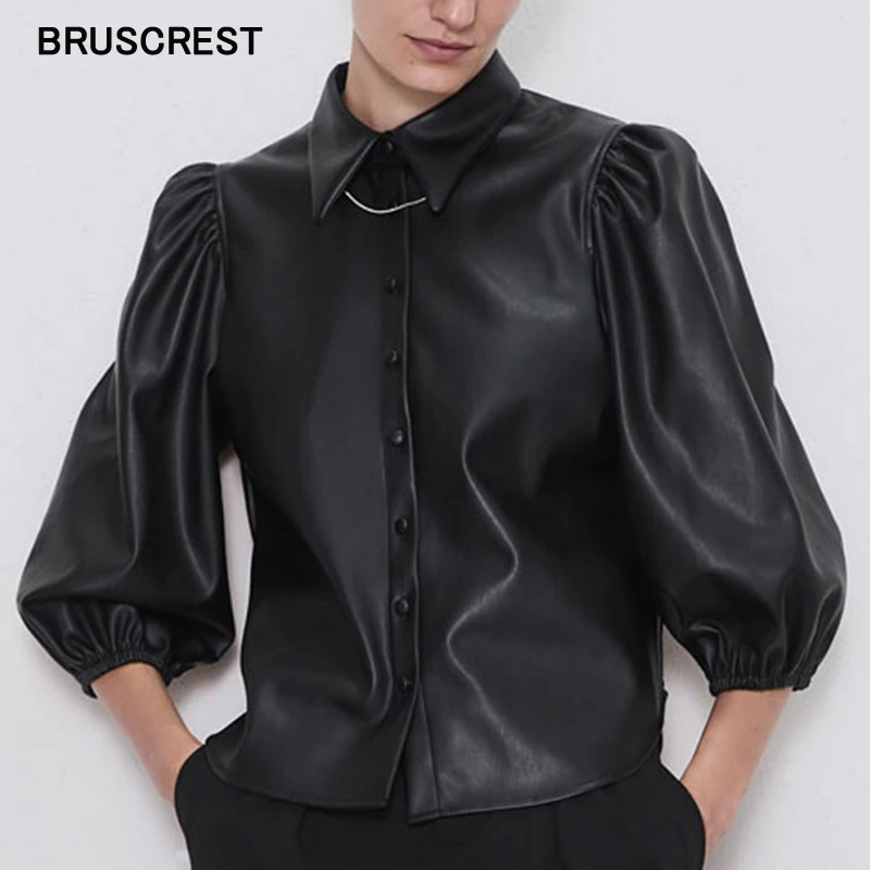 Baratos Blusa negra de cuero de imitación de PU para mujer Blusa de manga de soplo con botones de invierno Blusa de manga de linterna de cuero de imitación para mujer