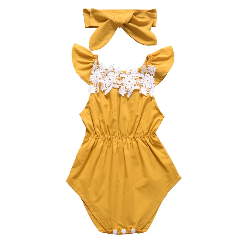 

Explosion Models Summer Fashion Baby Lace Collar Climbing Suit Ins Style Yellow Solid Color Sleeveless Triangle Baby Clothes