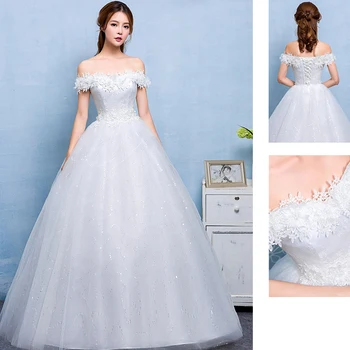 

Sweetherat short Sleeve Wedding Dresses 2020 New Korean Vintage Lace Applique Floral Print Sequined Gown Bridal Vestido De Noiva