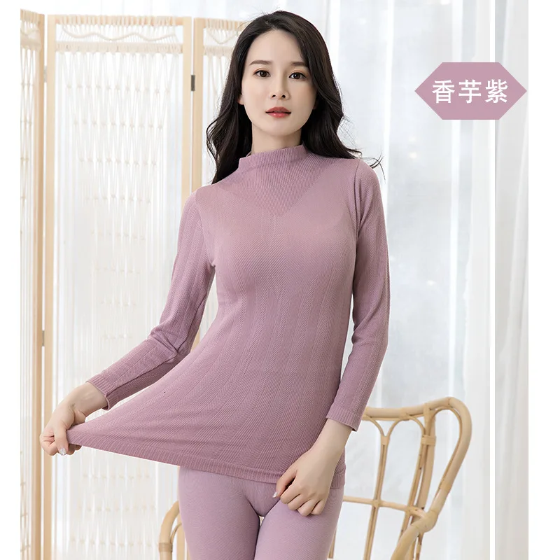 Purple taro Бесшовный комплект нижнего белья с высоким воротником из чистого хлопка, сохраняющий тепло, облегающий комплект термобелья для бодибилдинга, комплект женского нижнего белья с подштанниками - Цвет: Purple taro