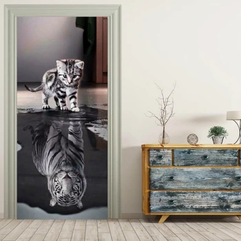 

3D Self Adhesive Wall Artwork Decal On Door Animal Cat New Sticker For Home Door Decor Renovation Wallpaper Print Canvas Picture