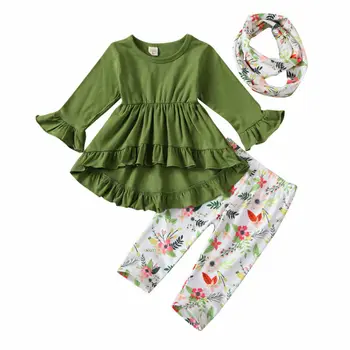 

ZWF432 Spring Autumn Clothing Boutique Kids Baby Girl Floral Clothes Top T-shirt Dress Legging Pant Scarf 3Pcs Outfits 2-10Years