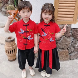 2Pcs Chinese New Year Clothes for Kids Boy Girl Tang Suit New Year Costumes Hanfu Spring Festival Clothing Set T-Shirt Skirt+Top