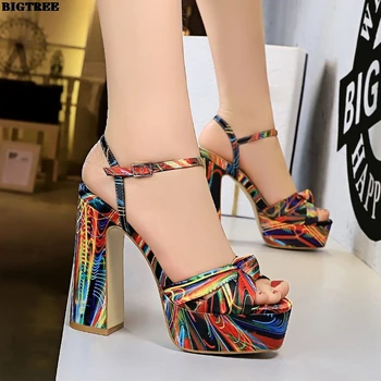 

Bigtree European and American-Style Sexy Summer Ultra-High Heel Chunky Heel Floral A- Line Sandals Summer High Heels