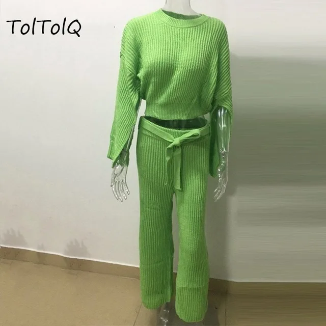 Свитер, комплект из двух предметов, облегающая трикотажная Женская юбка, однотонный короткий свитер, комплект для женщин, Осень-зима, длинный рукав, женский Vestidos - Цвет: green1