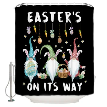

Easter'S On Its Way Easter Egg Gnome Rabbit Black Pattern Shower Curtains Polyester Fabric Waterproof Bath Curtain