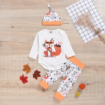 

3 Pcs Set Baby's Romper Outfits Newborn Infant Baby Boys Girls Long Sleeve squirrel Print Cartoon Romper Tops Pants Hat Outfits
