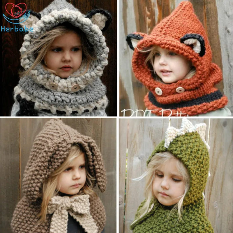 

Herbabe Baby Knitted Hats 2019 Hot Fashion Fox Ears Pattern Winter Warm Hat Baby Infant Kids Hooded Shawl Cap Photography Props