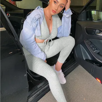 

Women Knit Crop Top Lounge Wear Suit 2019 Korean Women Fashion Gray Ladies Long Sleeve Slim 2pcs Tracksuit Set Casual Hot