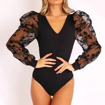 

Casual Work Bodysuit Women Autumn Winter Solid Flower Print Long Mesh Puff Sleeve Stitching V-Neck Bottoming Bodis de Mujer 2020
