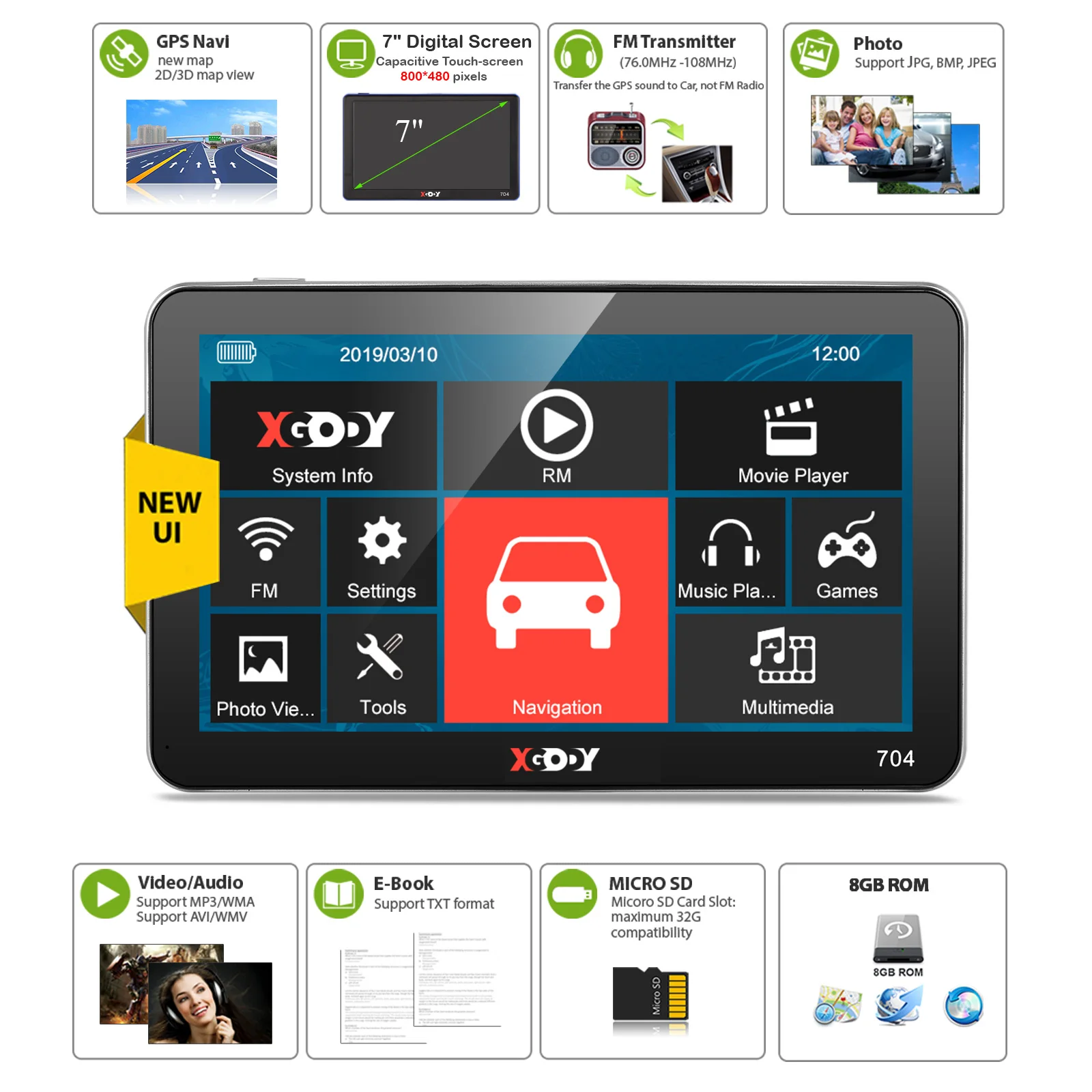XGODY 704 8GB 7 Zoll LKW PKW Auto GPS Navigationsgerät für Bluetooth EU 3D Karte 