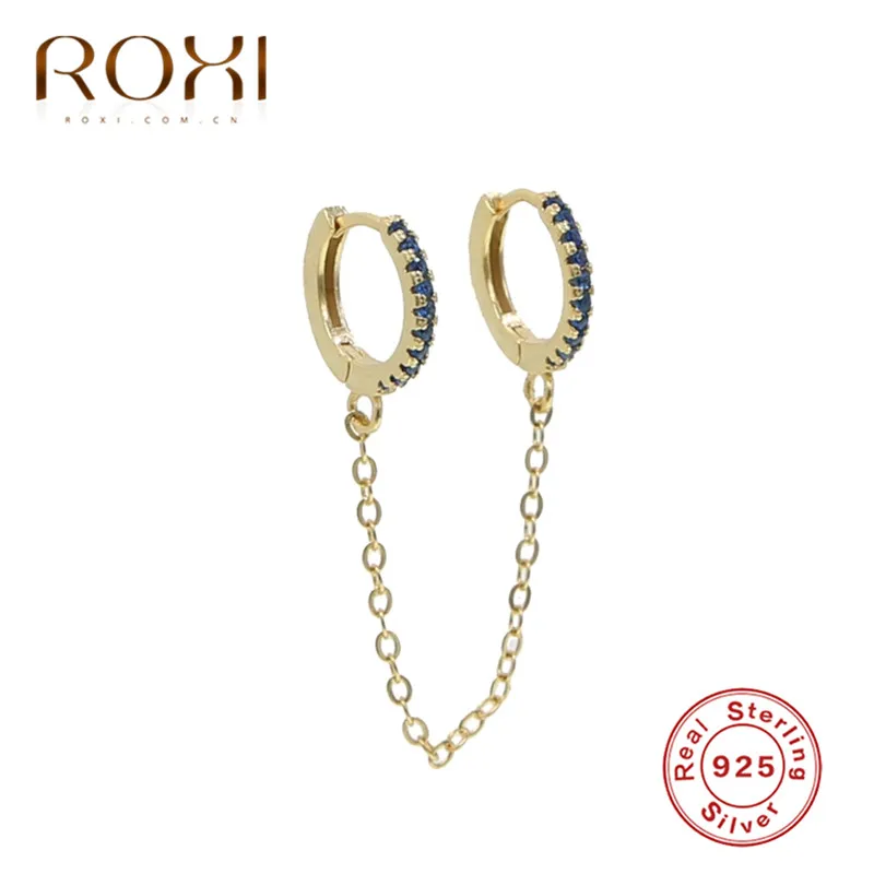 ROXI, 925 пробы, серебряные, микро-серьги с фианитами, цепочка с кисточками, маленькие серьги-кольца для женщин, 4 вида цветов, нежные, минималистичные серьги