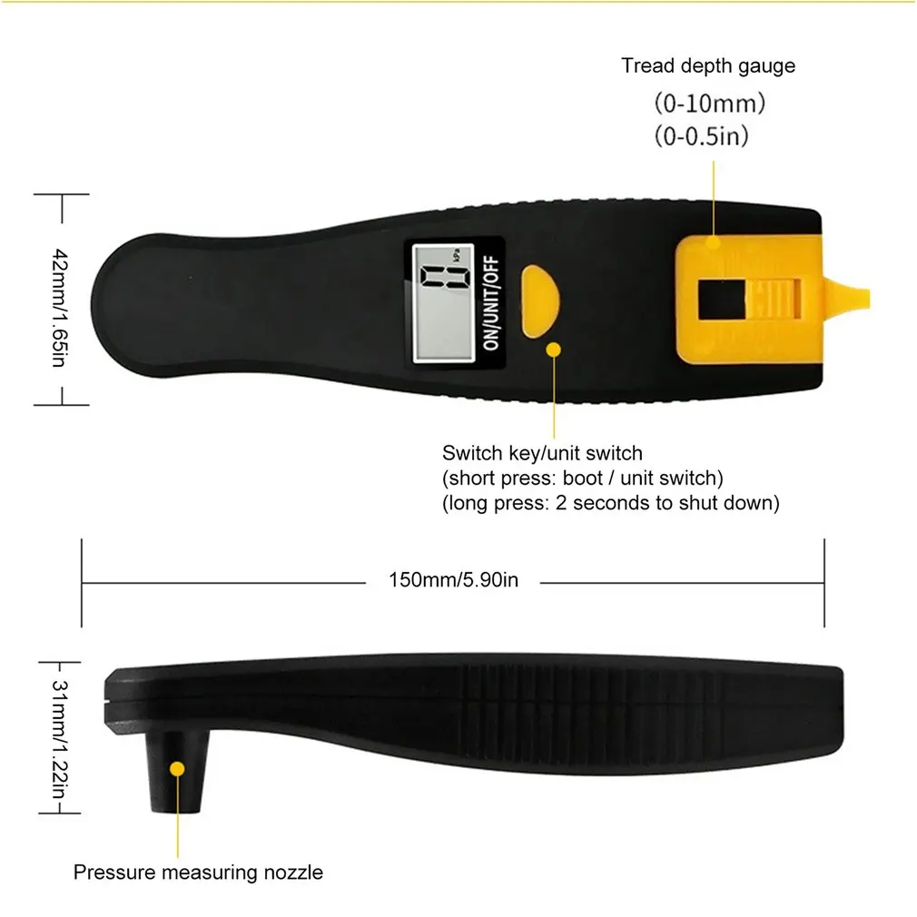 2-в-1 цифровой шинный Давление инструмент для диагностики автомобиля, измеритель Глубина рисунка протектора шин Давление инструмент контроля ЖК-дисплей Дисплей 100 фунтов/кв. дюйм Подсветка