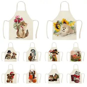 

1Pcs Kitchen Apron Animals Cute Cartoon Cat Horse Dog Printed Sleeveless Cotton Linen Aprons for Women Home Cleaning Tools55*68c