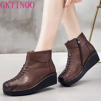 

GKTINOO Genuine Leather Shoes Women Boots 2020 Autumn Winter Vintage Handmade Ankle Boots Soft Casual Wedges Heels Shoes Woman