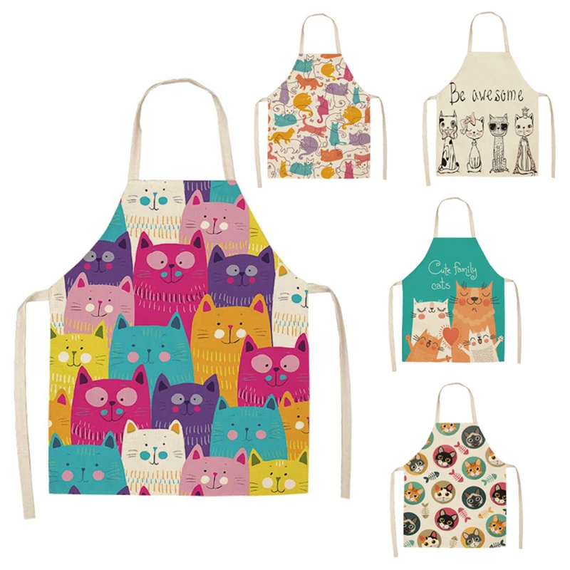Anti-fouling 1Pcs Cotton Linen Sleeveless Cartoon Cat Printed Kitchen Apron Home Cleaning Tools for Men Women S/L