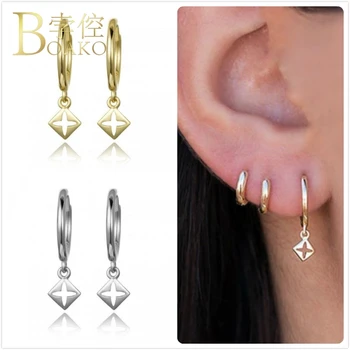 

Real 925 Silver Earrings For Women Gold Square Shape Earrings Girl Ear Bone Piercing Earring Female Cross Hoop aretes Z5