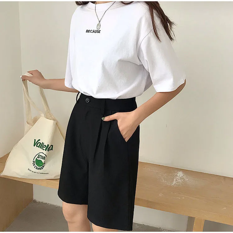 Unua amo Summer Black Suit Shorts Women Korean Style Casual Fashion Knee Length Wide Leg High Waist Shorts Female cotton shorts