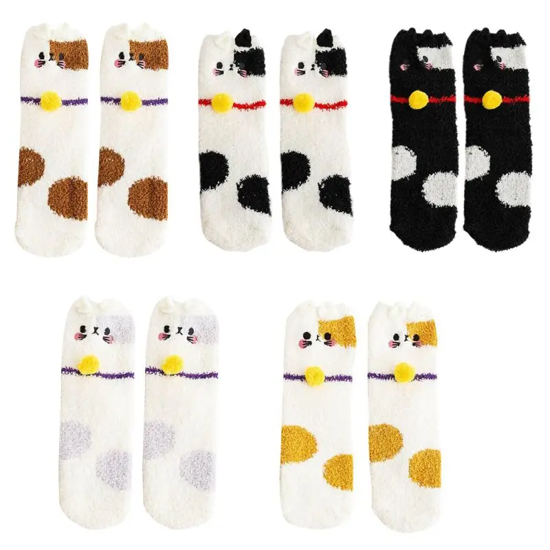 1 пара, женские мягкие пушистые носки-тапочки, милые объемные носки с ушками, пушистые плюшевые чулочно-носочные изделия с изображением кота Мяу