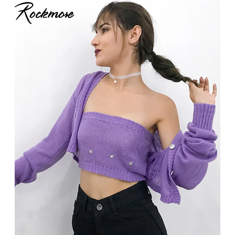 

Rockmore Purple Knitted Long Sleeve Sweater Open Stitch Two Pieces Women Set Crop Tube Top Fall Outwear Sweaters 2 Piece Coats