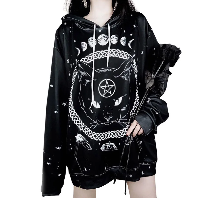 Autumn Sweatshirt Female Loose Large Size Female Long Sleeve Hoody Winter Black Cat Halloween Hoodies Clothing hoodies