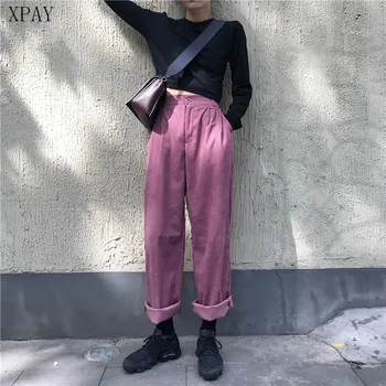 

Women Corduroy Pants 2020 Spring Autumn Elastic High Waist Straight Pants High Quality Casual Pink Simple Comfortable Trousers
