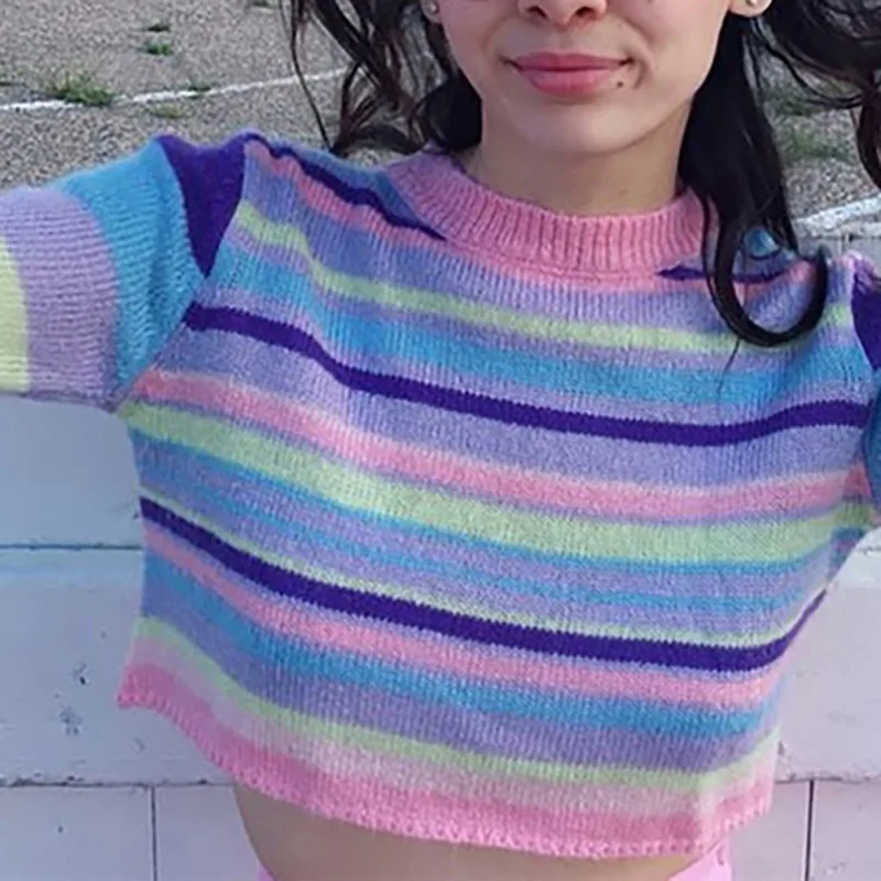 

New Winter Clothes Women Sweater Long-sleeved Women's Crop Top Fashion Sweet Striped Print Knit Bottoming Shirt Pullovers