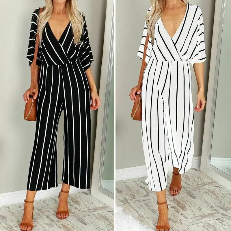 Retro Rompers Womens Girls Jumpsuit Women Summer Half Sleeve Striped Loose Overalls Jumpsuit Combinaison Femme Body Mujer hot
