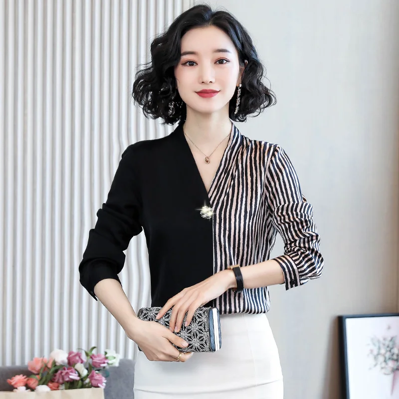 Vogue Contrast Stitching Plus Blouse Shirts Pullovers Women Soft Satin V-Neck Long Sleeve Office Lady Wear Elegant Silk Blouses - 4.00066E+12