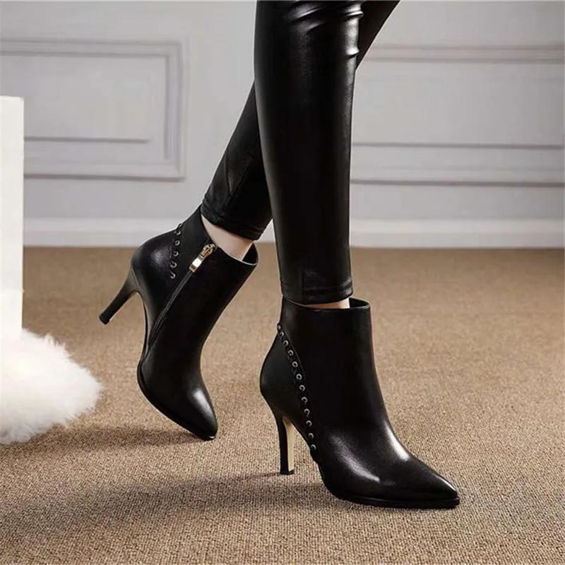 Women Boots Scarpe Donna Zipper Botas Rivet Ladies Shoes High Heel Female Shoes Pointed Toe Botas Mujer Zipper Fine Heel