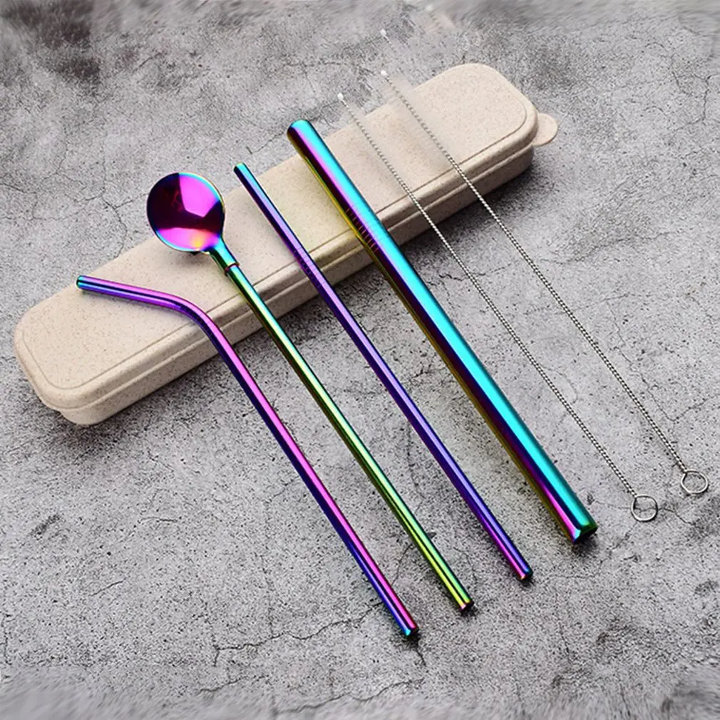 Красный Stainless Steel Dinnerware Set Spoon Fork Chopsticks Straw With Cloth Pack Cutlery For Travel Outdoor Office Picnic BBQ - Цвет: Красный