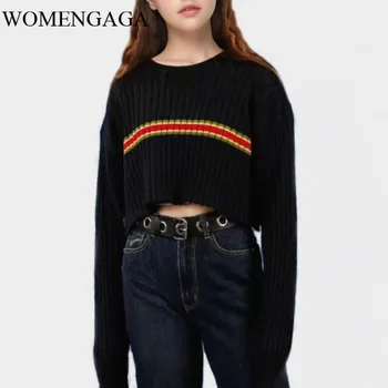 

Women Drop Shoulder Block Striped Rib Jumper Loose Harajuku Retro Loose Exposed Navel Slim Sweater Pullover Knitted Female CJCX