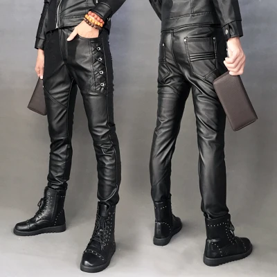 3156 black Мужские брюки из искусственной кожи, уличные, облегающие, мотоциклетные брюки для байкеров, мужские новые черные повседневные обтягивающие кожаные зауженные брюки - Цвет: 3156 black