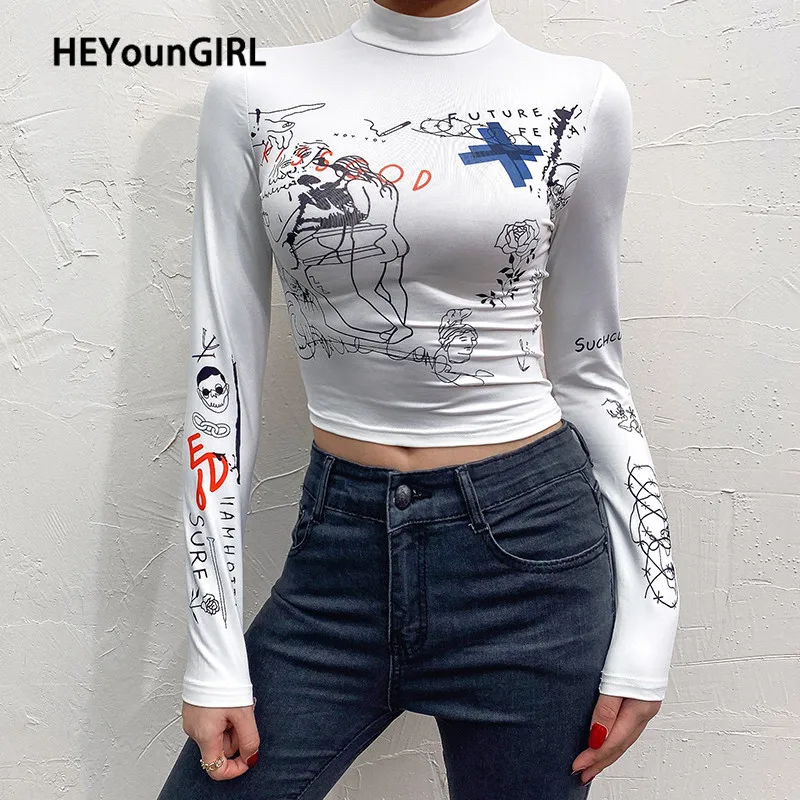 

HEYounGIRL Printed Casual Crop Top T Shirt Ladies Basic Black White Harajuku Woman Tshirt Tops Long Sleeve Tee Shirt Autumn 2020