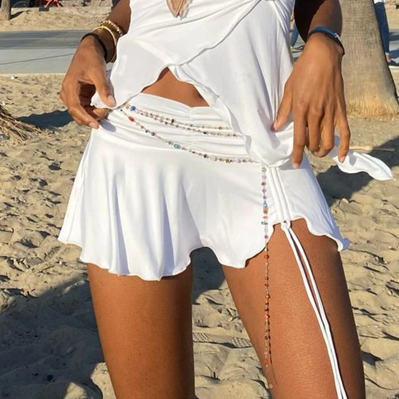 

Y2K Aesthetic Low Waist Slim Fit Mini Skirt Women Summer Sexy Drawstring Irregular Ruffles Hem Short Skirt E-girl Streetwear