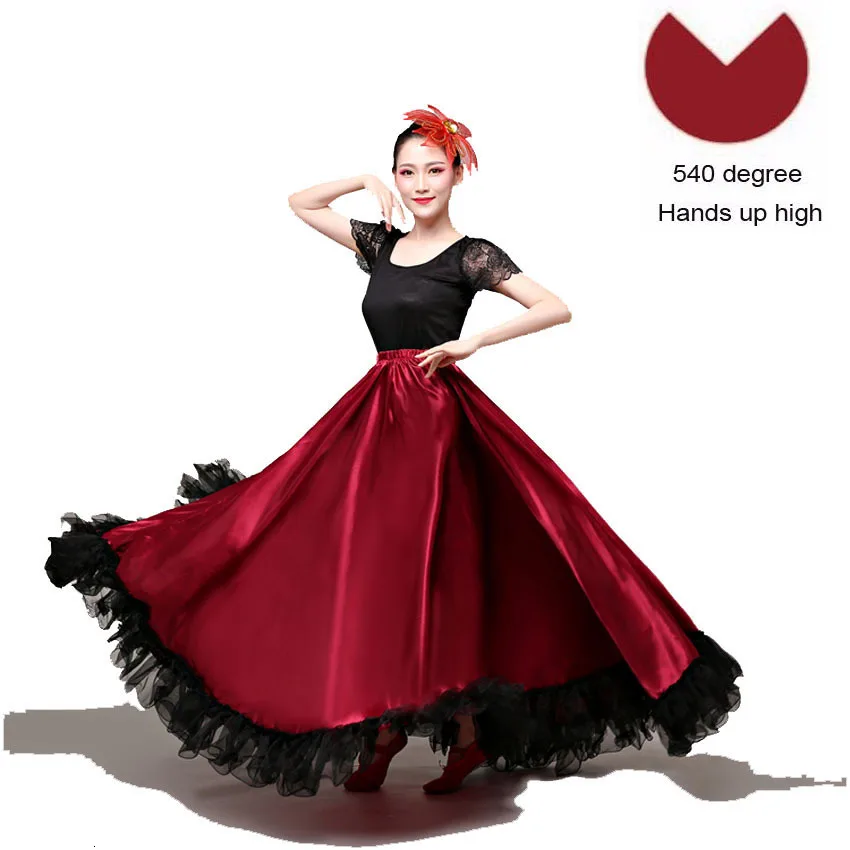 Wine Red 540 Degree Испанский бой быков танцевальная юбка в стиле фламенко бальные костюмы в стиле искусства женское атласное платье Цыганский красный костюм для сценических выступлений костюм - Цвет: Wine Red 540 Degree