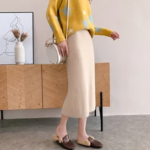 Новые осенние длинные вязаные юбки для женщин прямой с высокой талией юбки зимние макси юбки-пачки saias femme абрикосовые