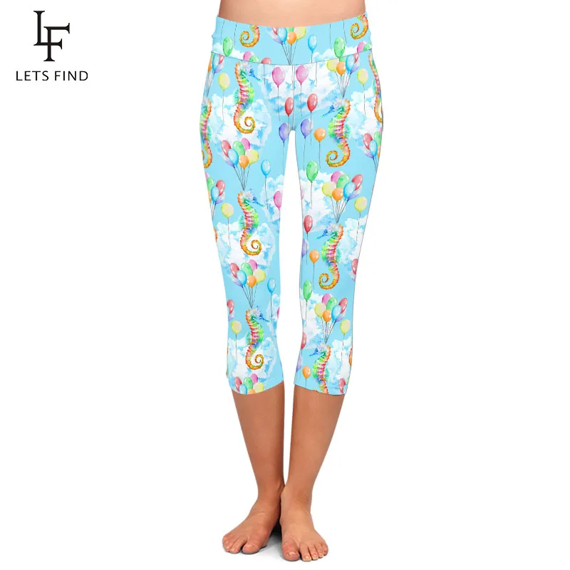 LETSFIND Fashion Colorful Seahorse and Balloons Print Women Capri Leggings High Waist Soft Slim Elastic Leggings Plus Size LETSFIND Fashion Colorful Seahorse and Balloons Print Women Capri Leggings High Waist Soft Slim Elastic Leggings Plus Size
