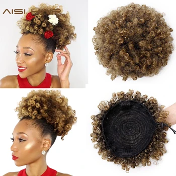

AISI HAIR Synthetic Afro Puff Drawstring Bun Ponytail Short Kinky Curly Chignon Hair Bun Extension Hairpieces with Two Clips