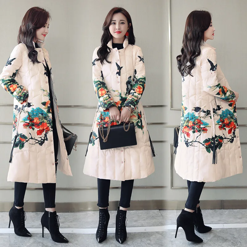 

Convention Mid-length Slim Fit Fashion Printed Stand Collar Single Breasted Convention 2019 Winter New Style Cotton-padded Cloth