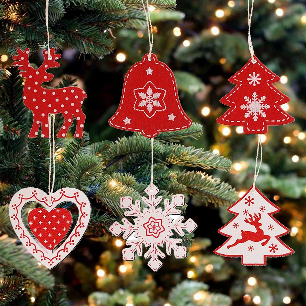 24 PCS Christmas Wooden Pendants Bell Elk Snowflake Shaped Xmas Tree Ornaments Ozdoby Swiateczne Christmas Wood Hanging Ornament