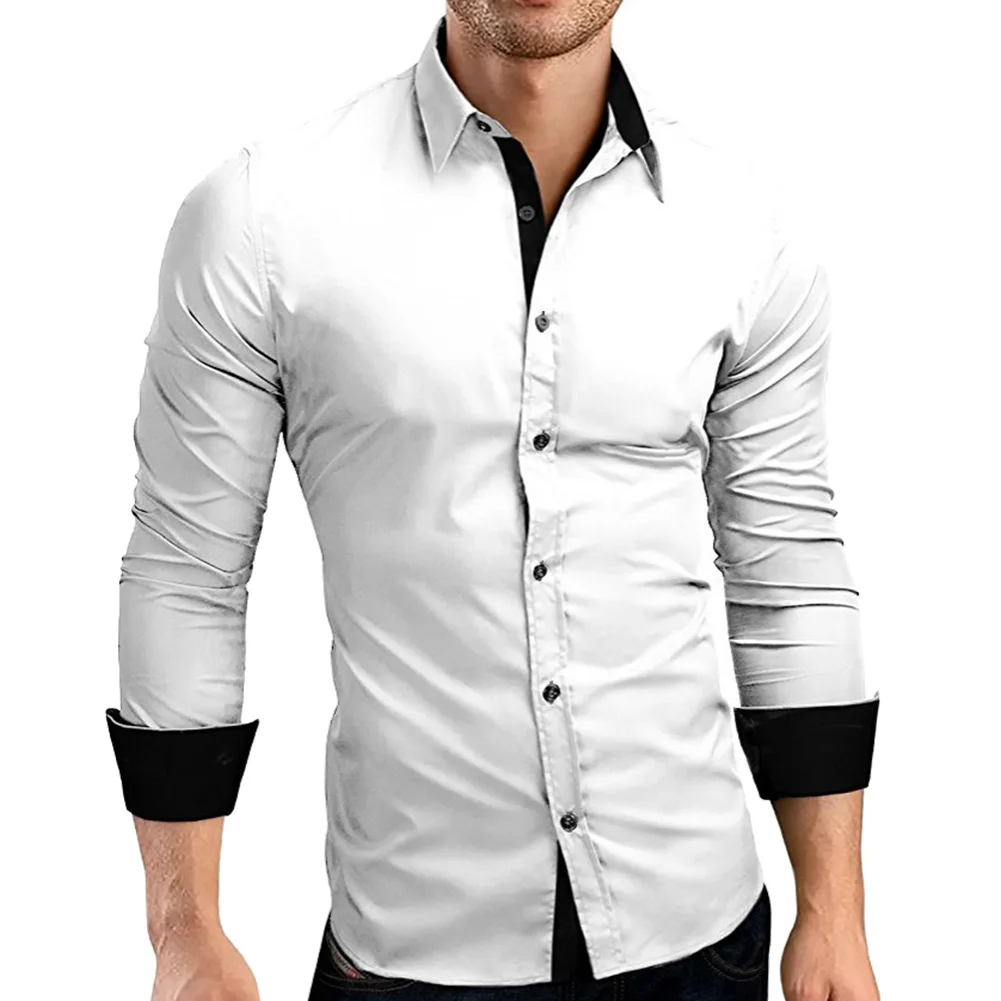 Новая деловая Мужская рубашка с длинными рукавами и цветными блочными пуговицами, с отложным воротником, Приталенный топ