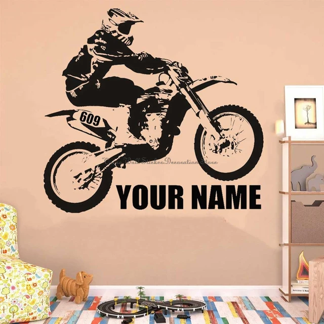 Nome personalizado motocross sujeira bicicleta adesivo de parede sala de  jogos personalizado motocicleta extrema truque decalque da parede crianças  quarto vinil casa deco