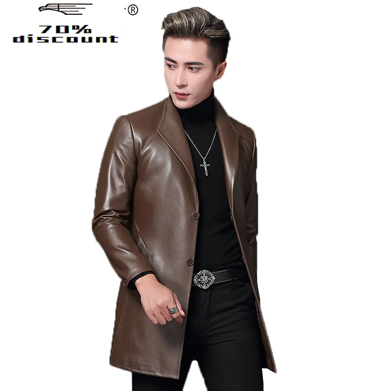 

Genuine Leather Jacket Men Sheepskin Coat Spring Autumn Windbreaker Long Overcoat Blouson Cuir Homme T-68-8009 KJ2623