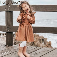 Humor Bear/осенне-зимнее платье для маленьких девочек; хлопковое платье принцессы с оборками и длинными рукавами; детское вельветовое Плиссированное модное платье для малышей