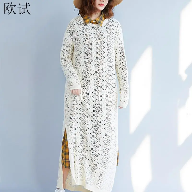 

Plus Size Long Sleeve Knitted Sweater Dress Women Retro mesh sheer sexy Dresses white black sweaters Dress 2019 Autumn knitwear